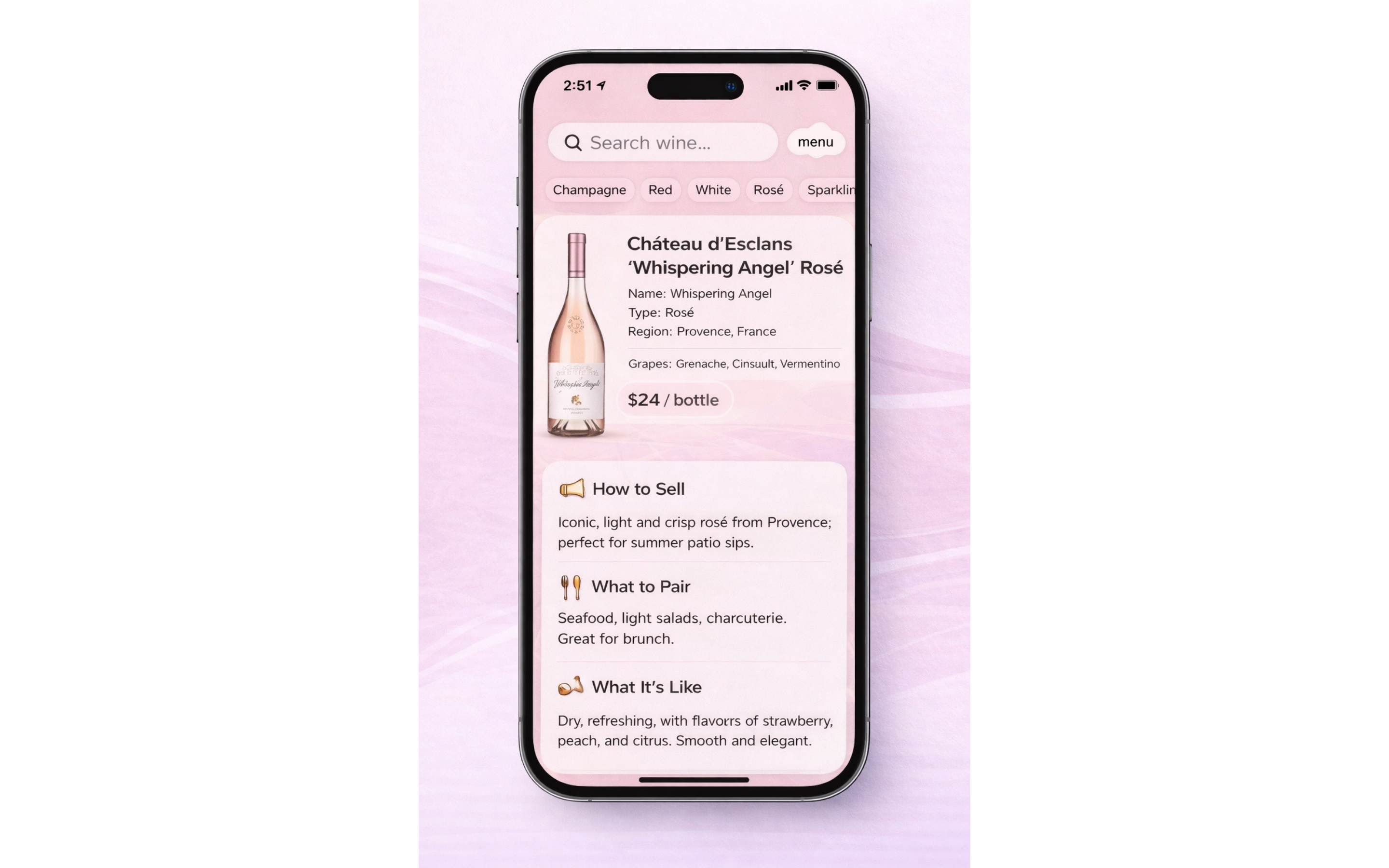 Wine finder mockup on iPhone